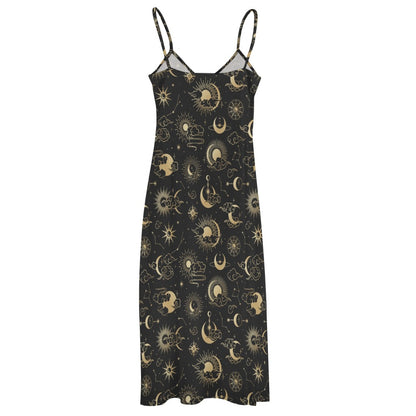 Sun Moon Maxi Dress, Space Constellation Stars Long Spaghetti Straps Flowy Women Sleeveless Designer Plus Size Cocktail Party Summer