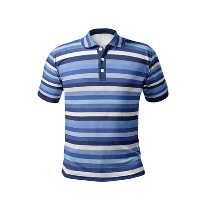 Blue White Striped Men Polo Shirt, Horizontal Stripe Guys Golf Casual Summer Buttoned Down Up Collared Short Sleeve Sports Tshirt Tee Top