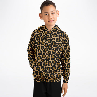 Leopard Kids Pullover Hoodie, Animal Cheetah Brown Print Girls Boy Toddler Youth Children Fleece Cozy Cotton Hooded Sweatshirt Pockets