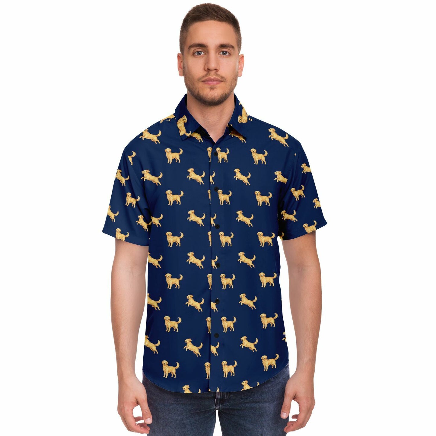 Golden Retriever Men Button Up Shirt, Dog Animal Navy Short Sleeve Print Casual Buttoned Down Summer Male Guys Collared Designer Dress