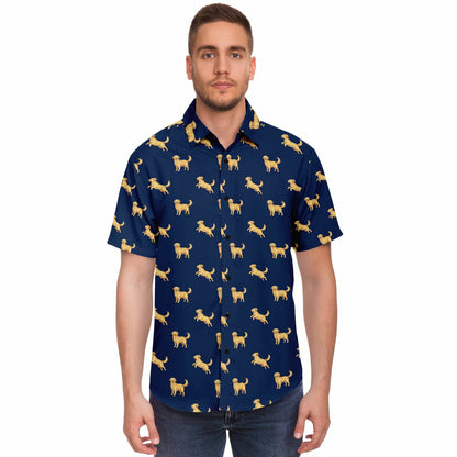 Golden Retriever Men Button Up Shirt, Dog Animal Navy Short Sleeve Print Casual Buttoned Down Summer Male Guys Collared Designer Dress