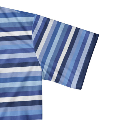 Blue White Striped Men Polo Shirt, Horizontal Stripe Guys Golf Casual Summer Buttoned Down Up Collared Short Sleeve Sports Tshirt Tee Top