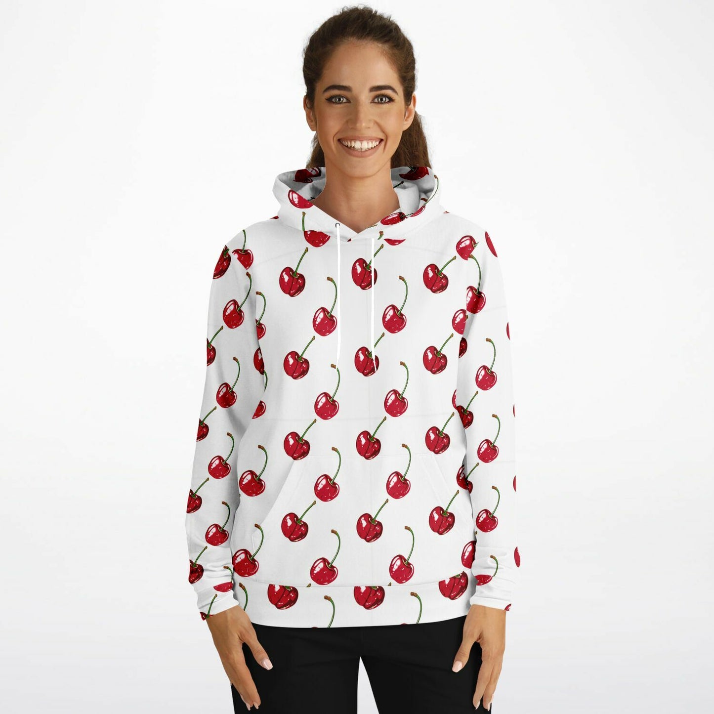 Cherry Hoodie, Red White Fruit Pullover Men Women Adult Aesthetic Graphic Cotton Hooded Sweatshirt with Pockets Designer Plus Size