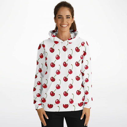 Cherry Hoodie, Red White Fruit Pullover Men Women Adult Aesthetic Graphic Cotton Hooded Sweatshirt with Pockets Designer Plus Size