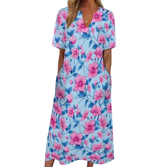Pink Blue Floral Women Maxi Dress, Flowers V-Neck Print Short Sleeve Evening Summer Cocktail Ladies Handmade Designer Plus Size Pockets