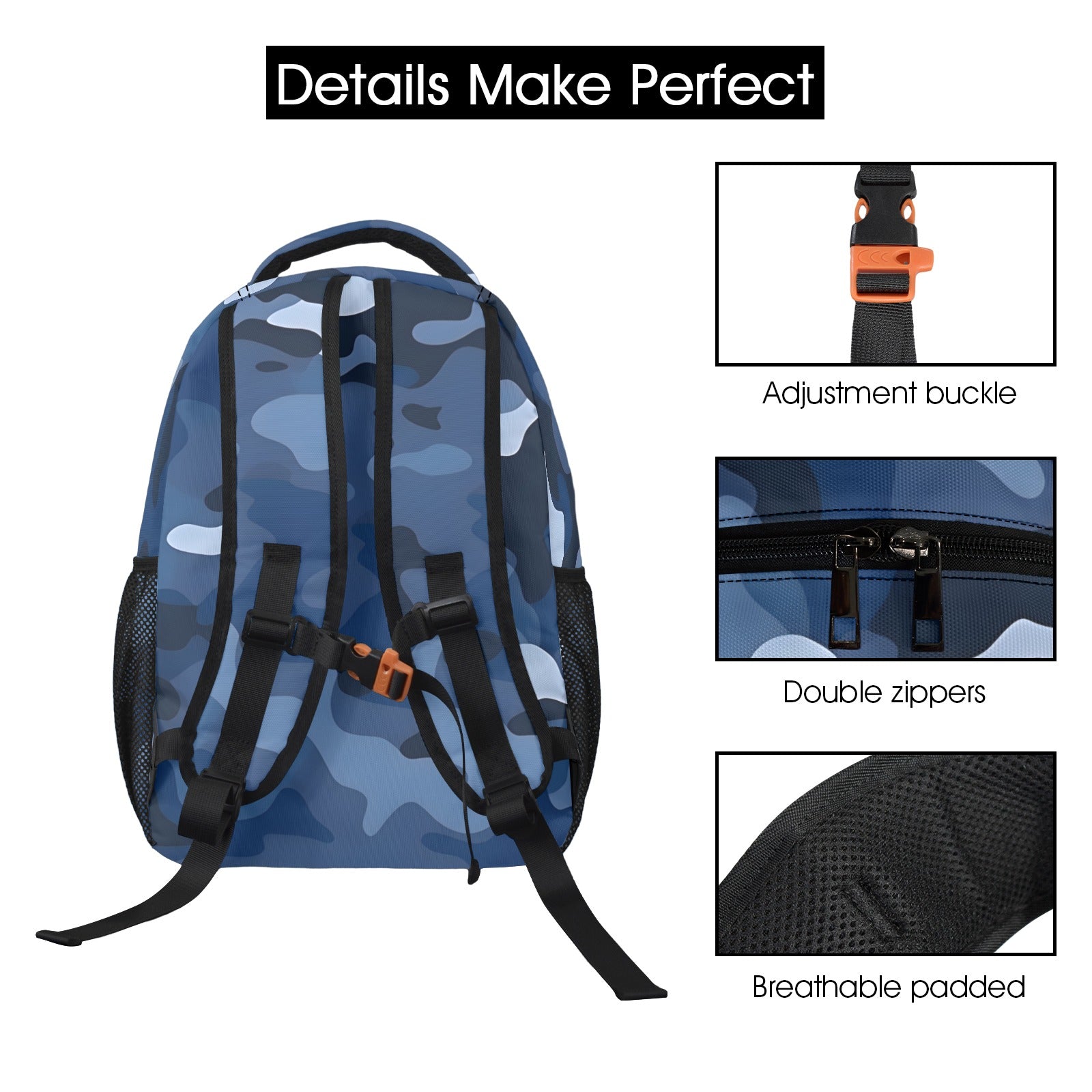 Navy Blue Camo Backpack, Camouflage Men Women Kids Gift School College Cool Waterproof Side Pockets Laptop Designer Aesthetic Bag