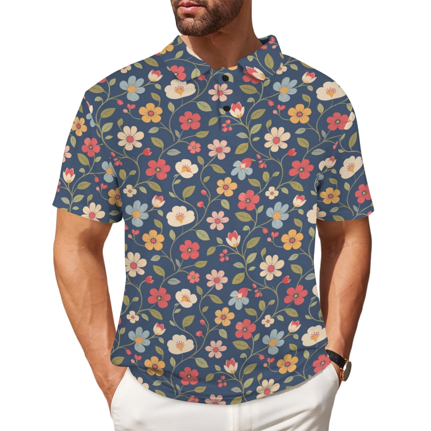 Floral Men Polo Shirt, Navy Blue Resort Flowers Botanical Guys Golf Casual Summer Buttoned Down Up Collared Short Sleeve Sports Tshirt Tee