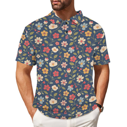 Floral Men Polo Shirt, Navy Blue Resort Flowers Botanical Guys Golf Casual Summer Buttoned Down Up Collared Short Sleeve Sports Tshirt Tee