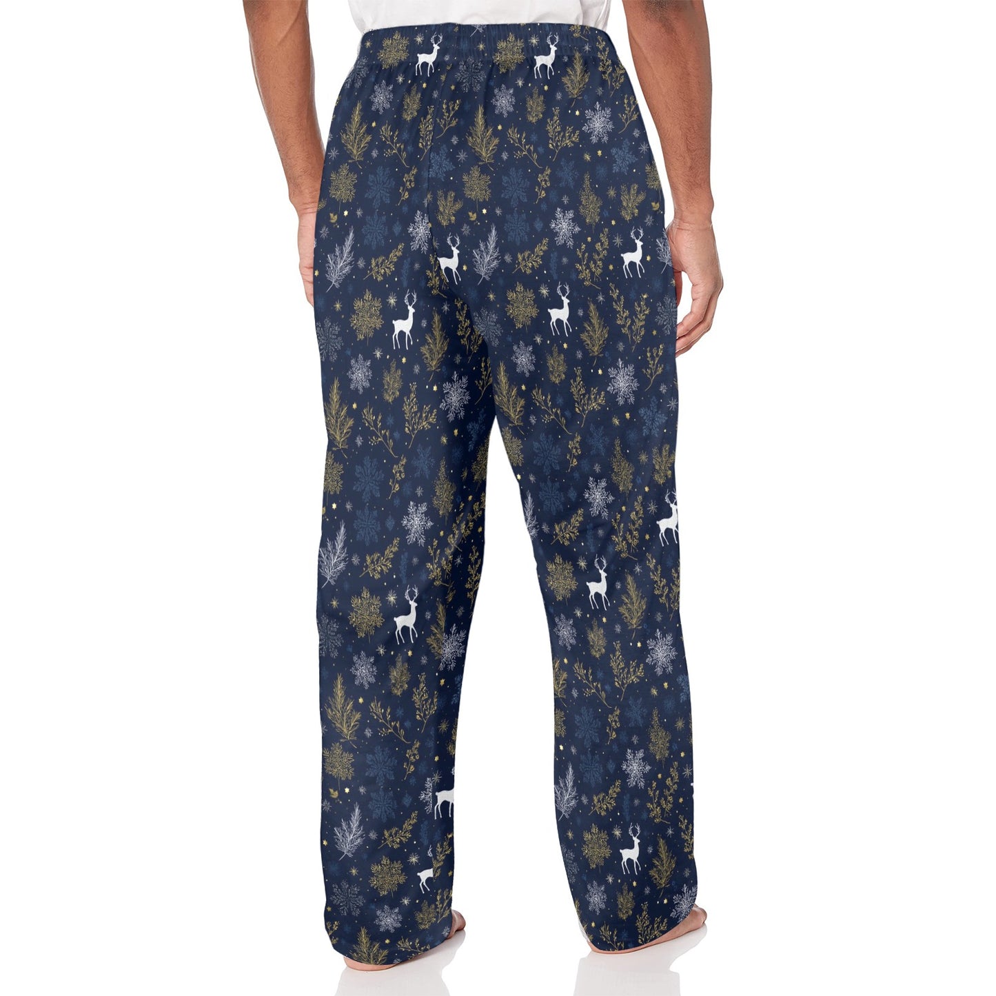 Navy Blue Christmas Men Pajamas Pants, Reindeer Snowflakes Festive Trees Xmas PJ Pockets Sleep Lounge Trousers Guys Male Sleepwear Bottoms