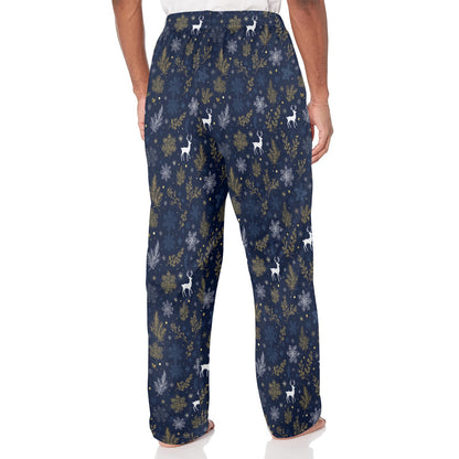 Navy Blue Christmas Men Pajamas Pants, Reindeer Snowflakes Festive Trees Xmas PJ Pockets Sleep Lounge Trousers Guys Male Sleepwear Bottoms