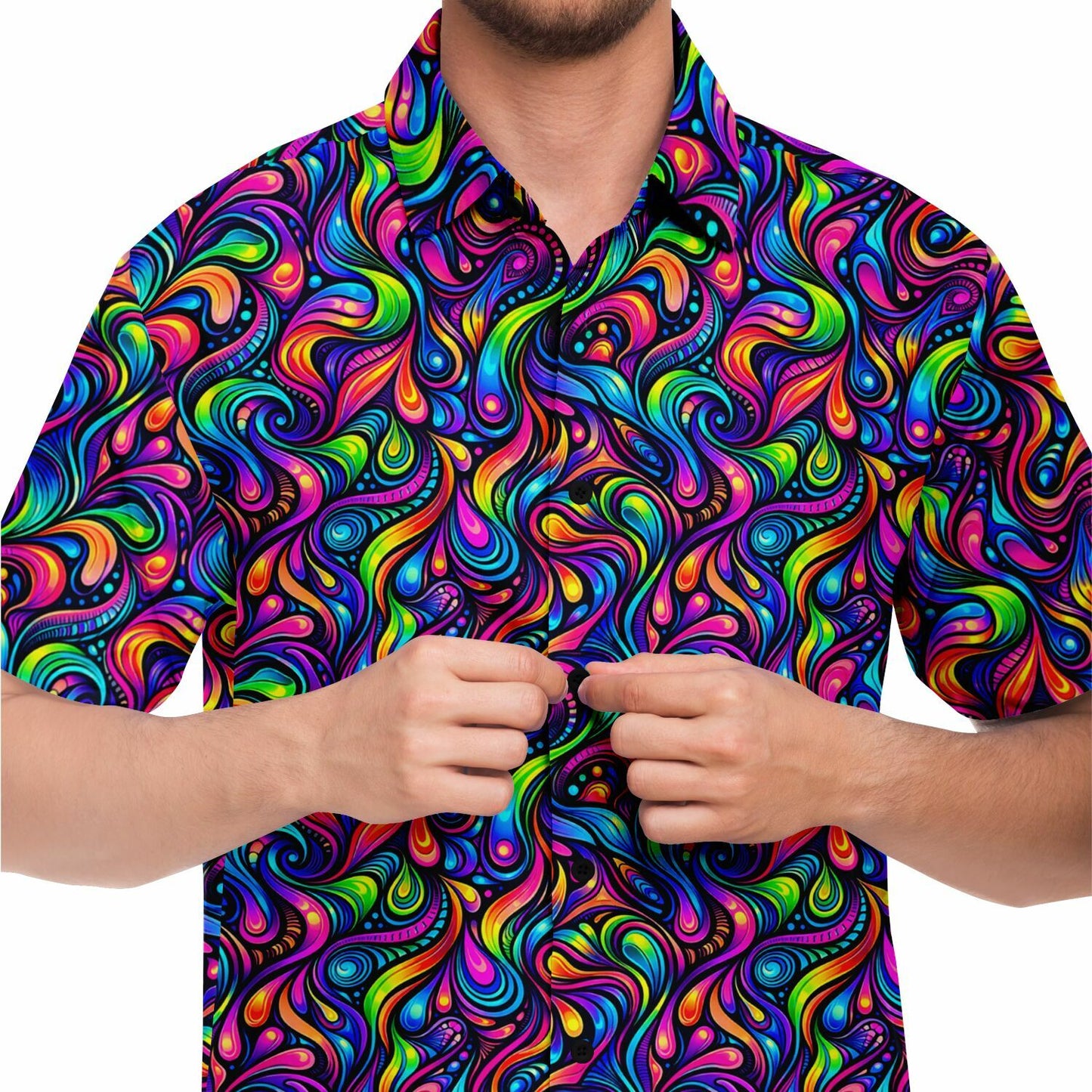 Psychedelic Men Button Up Shirt, Vibrant Trippy Funky Festival Short Sleeve Print Casual Buttoned Down Summer Male Guys Collared Designer - Starcove Fashion