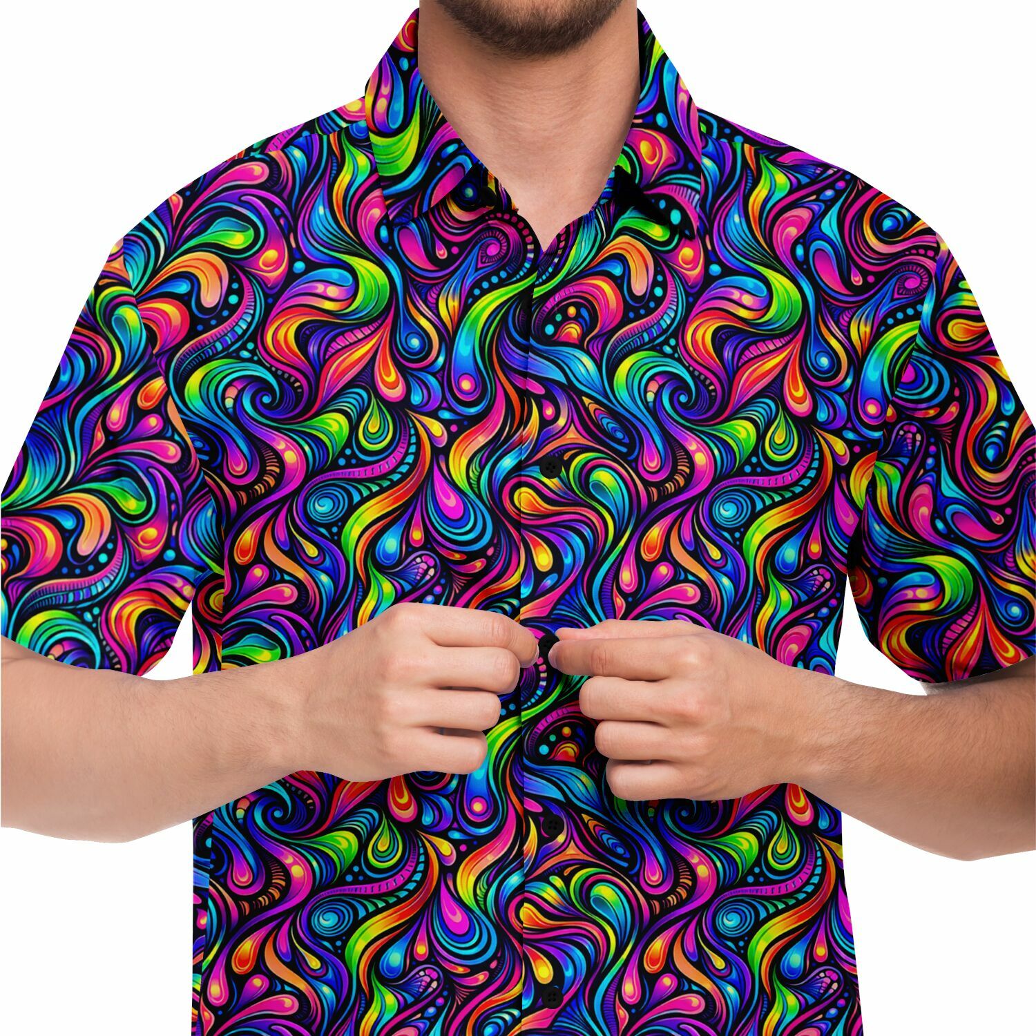 Psychedelic Men Button Up Shirt, Vibrant Trippy Funky Festival Short Sleeve Print Casual Buttoned Down Summer Male Guys Collared Designer - Starcove Fashion