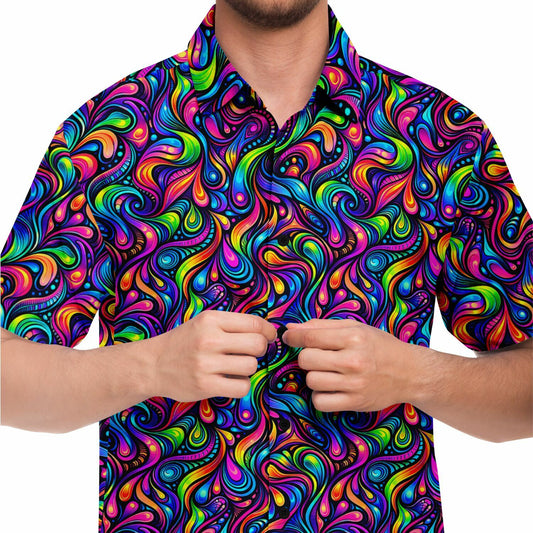 Psychedelic Men Button Up Shirt, Vibrant Trippy Funky Festival Short Sleeve Print Casual Buttoned Down Summer Male Guys Collared Designer - Starcove Fashion