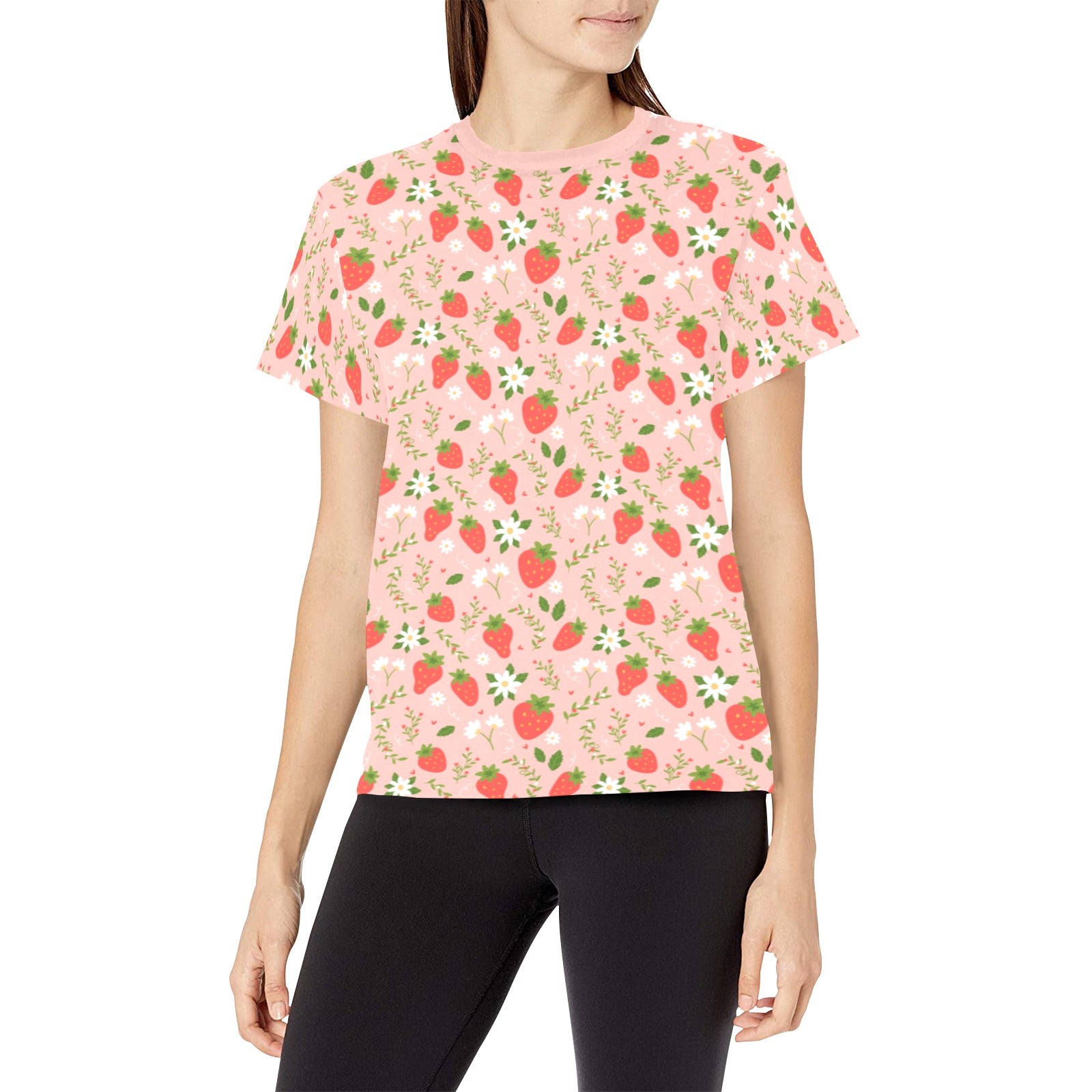 Pink Strawberry Women Tshirt, Flowers Floral Fruit Ladies Female Designer Adult Graphic Aesthetic Fashion Crewneck Tee Shirt Plus Size Top - Starcove Fashion