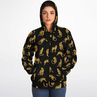 Leopard Zip Up Fleece Lined Hoodie, Animal Cheetah Print Heavyweight Full Zipper Pocket Men Women Unisex Graphic Hooded Sweatshirt Jacket