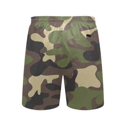 Green Camo Men Swim Trunks, 7" Inseam Shorts Camouflage Beach Pockets Mesh Lining Drawstring Casual Bathing Suit Plus Size Male Swimwear