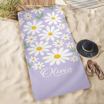 Daisy  Personalized Beach Towel, Custom Floral Customized Name Pool Microfiber Large Swim Quick Dry Kids Adult Men Women Cotton Blanket