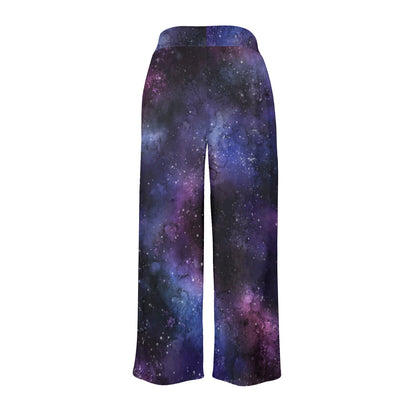 Galaxy Stars Women Wide Leg Pants Pockets, Space Purple Universe Print Yoga Trousers High Waisted Ladies Comfy Drawstring Lounge Flowy