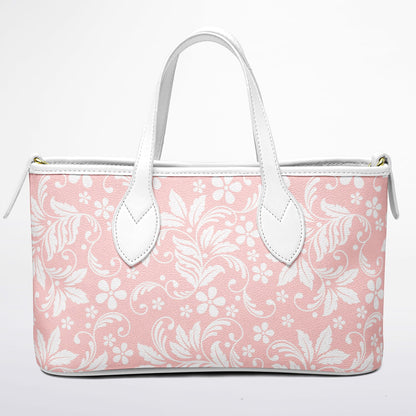 Pink Floral Tote Bag Purse, Flowers White Vegan Leather Print Handbag Women Zip Top Small Designer Handmade Shoulder Crossbody