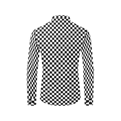 Checkered Long Sleeve Men Button Up Shirt, Check Black White Racing Checkerboard Print Buttoned Collared Guys Male Casual Dress Chest Pocket