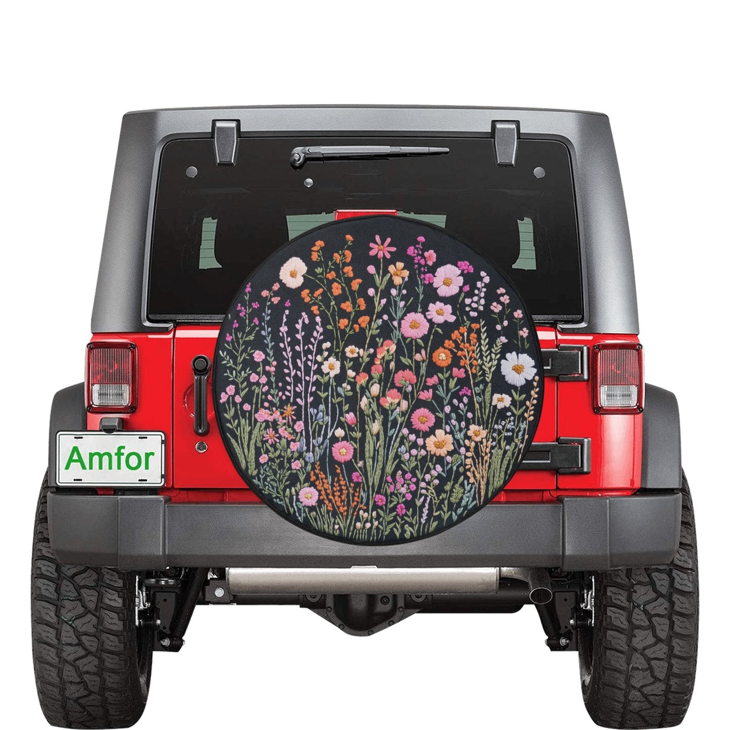 Wild Flowers Spare Tire Cover, Faux Embroidery Pastel Printed Grassy Botanicals Floral Wheel Unique Backup Camera Hole Trailer Back Women RV - Starcove Fashion