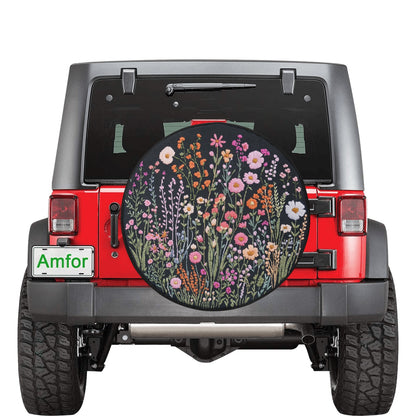 Wild Flowers Spare Tire Cover, Faux Embroidery Pastel Printed Grassy Botanicals Floral Wheel Unique Backup Camera Hole Trailer Back Women RV - Starcove Fashion
