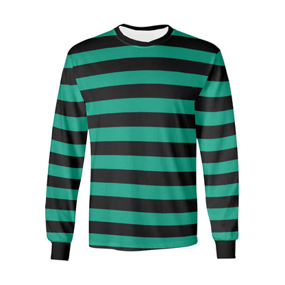 Black and Green Men Long Sleeve Striped TShirt, Kelly Green Graphic Vintage Retro Broad Stripes Crewneck Unisex Women Designer Male Guys Tee - Starcove Fashion