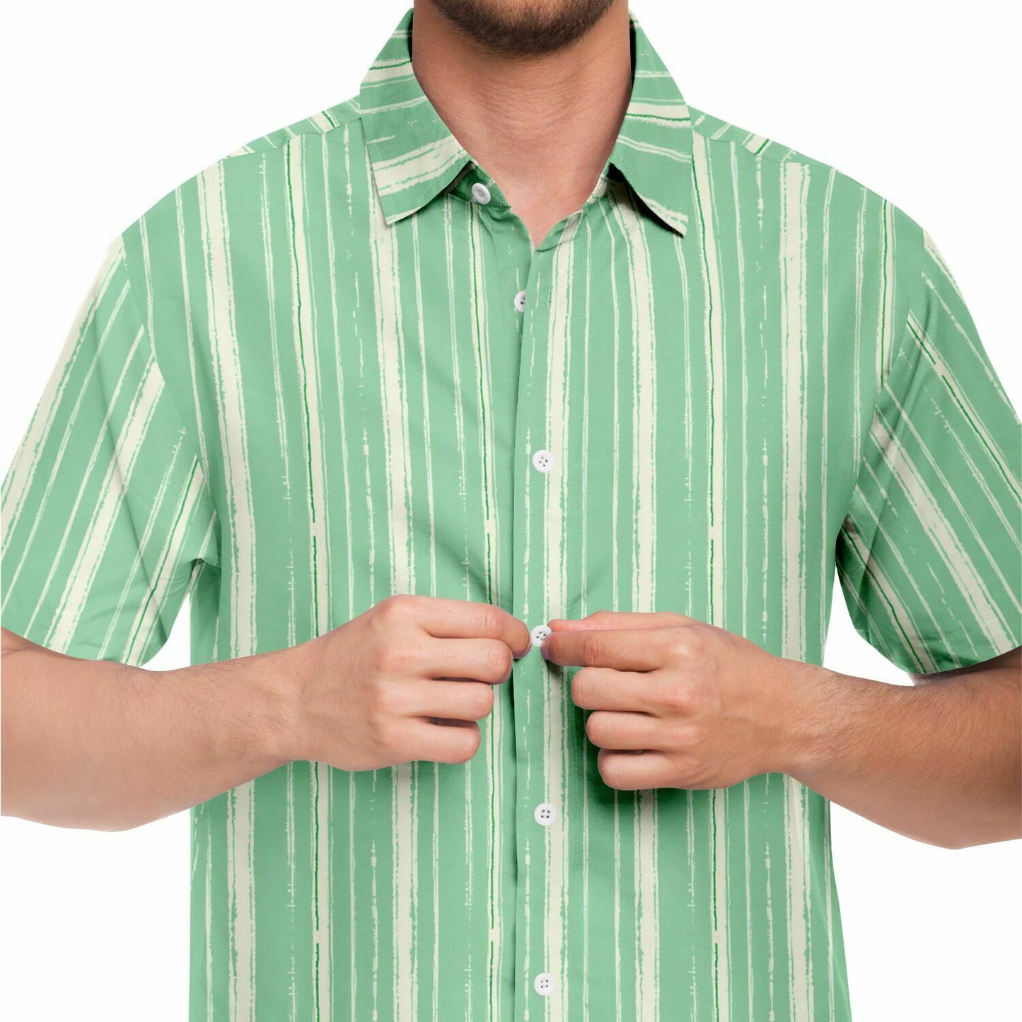 Mint Green Striped Men Button Up Shirt, Vertical Stripe Short Sleeve Print Casual Buttoned Down Summer Male Guys Collared Designer Dress S