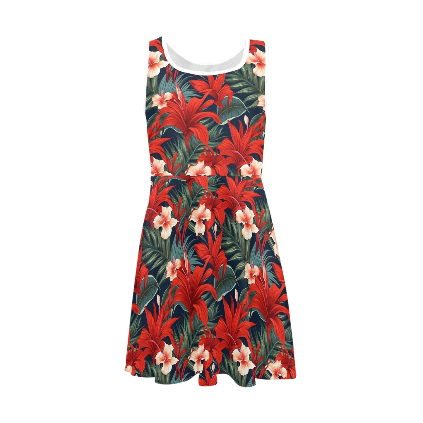 Red Tropical Floral Midi Girls Dress, Flowers Kids Sleeveless Sundress Casual Cute Designer Children Elegant Cocktail Party Summer Designer