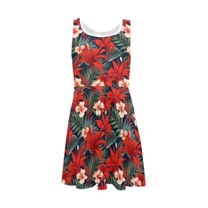 Red Tropical Floral Midi Girls Dress, Flowers Kids Sleeveless Sundress Casual Cute Designer Children Elegant Cocktail Party Summer Designer