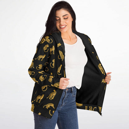Leopard Zip Up Fleece Lined Hoodie, Animal Cheetah Print Heavyweight Full Zipper Pocket Men Women Unisex Graphic Hooded Sweatshirt Jacket