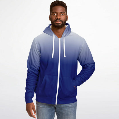 Blue White Ombre Zip Up Fleece Lined Hoodie, Tie Dye Gradient Heavyweight Full Zipper Pocket Men Women Unisex Hooded Sweatshirt Jacket