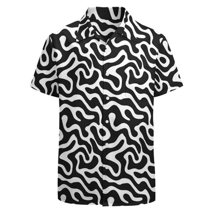 Black White Men Button Up Shirt, Psychedelic Wavy Trippy Short Sleeve Print Casual Buttoned Down Summer Male Guys Collared Designer Festival