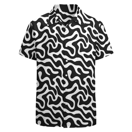 Black White Men Button Up Shirt, Psychedelic Wavy Trippy Short Sleeve Print Casual Buttoned Down Summer Male Guys Collared Designer Festival