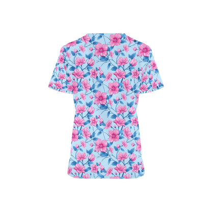 Pink Blue Floral Medical Scrubs Top Women, Flowers Ladies Female Plus Size Nursing Nurse Vet Veterinary Assistant Uniform Pockets