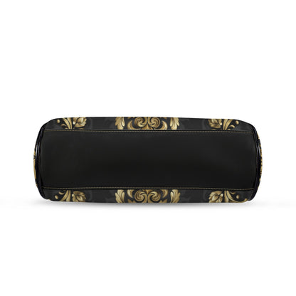 Baroque Kiss Lock Purse Handbag, Retro Black Ornate Gold Print Vegan Leather Vintage Designer Shoulder Crossbody Top Handle Clasp Bag