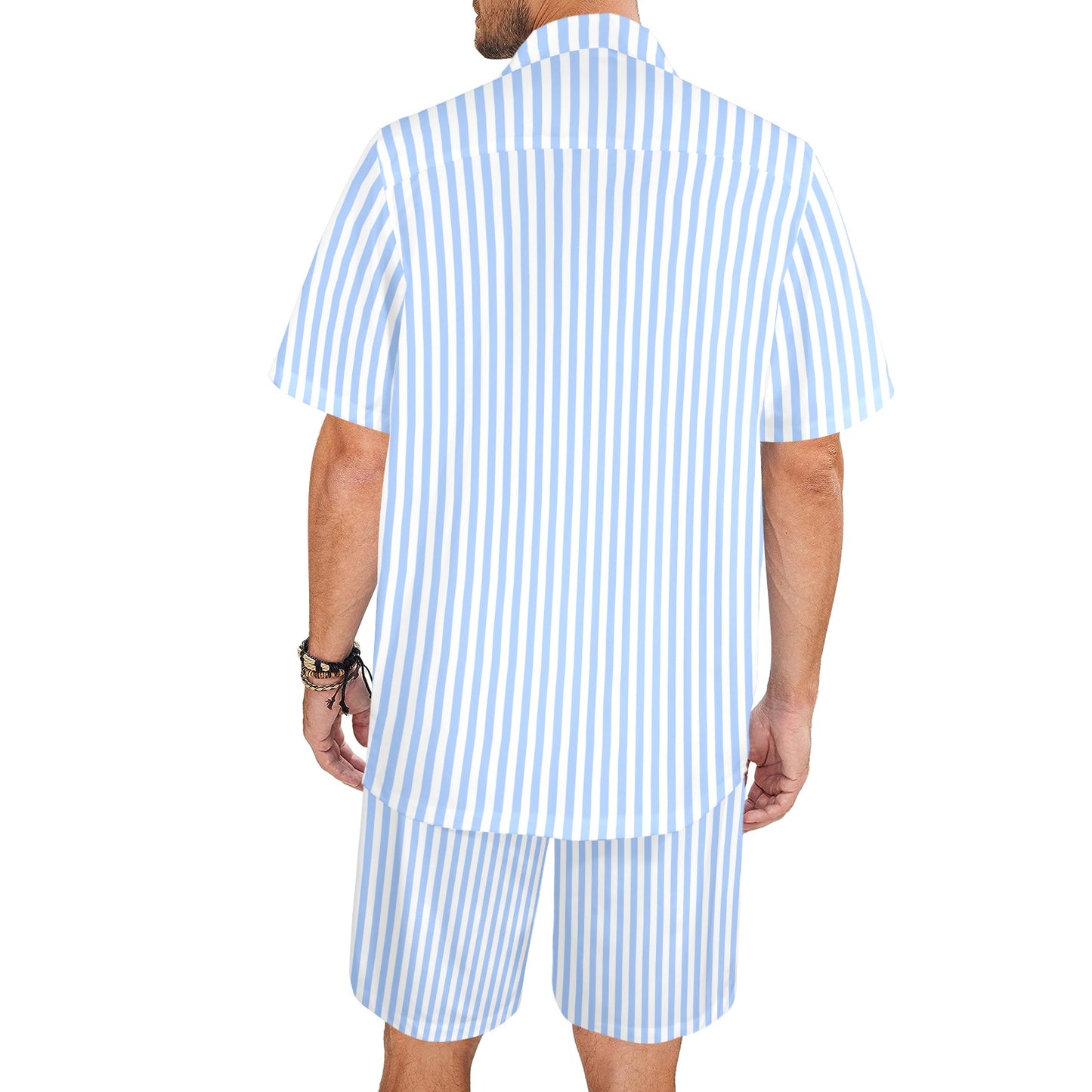 Light Blue Striped Shirt Shorts Outfit Set Men, White vertical Stripe Matching Hawaiian Beach Male Guys Summer Short Sleeve Button Up Down