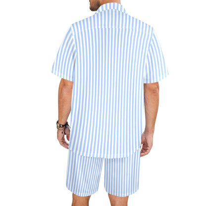 Light Blue Striped Shirt Shorts Outfit Set Men, White vertical Stripe Matching Hawaiian Beach Male Guys Summer Short Sleeve Button Up Down