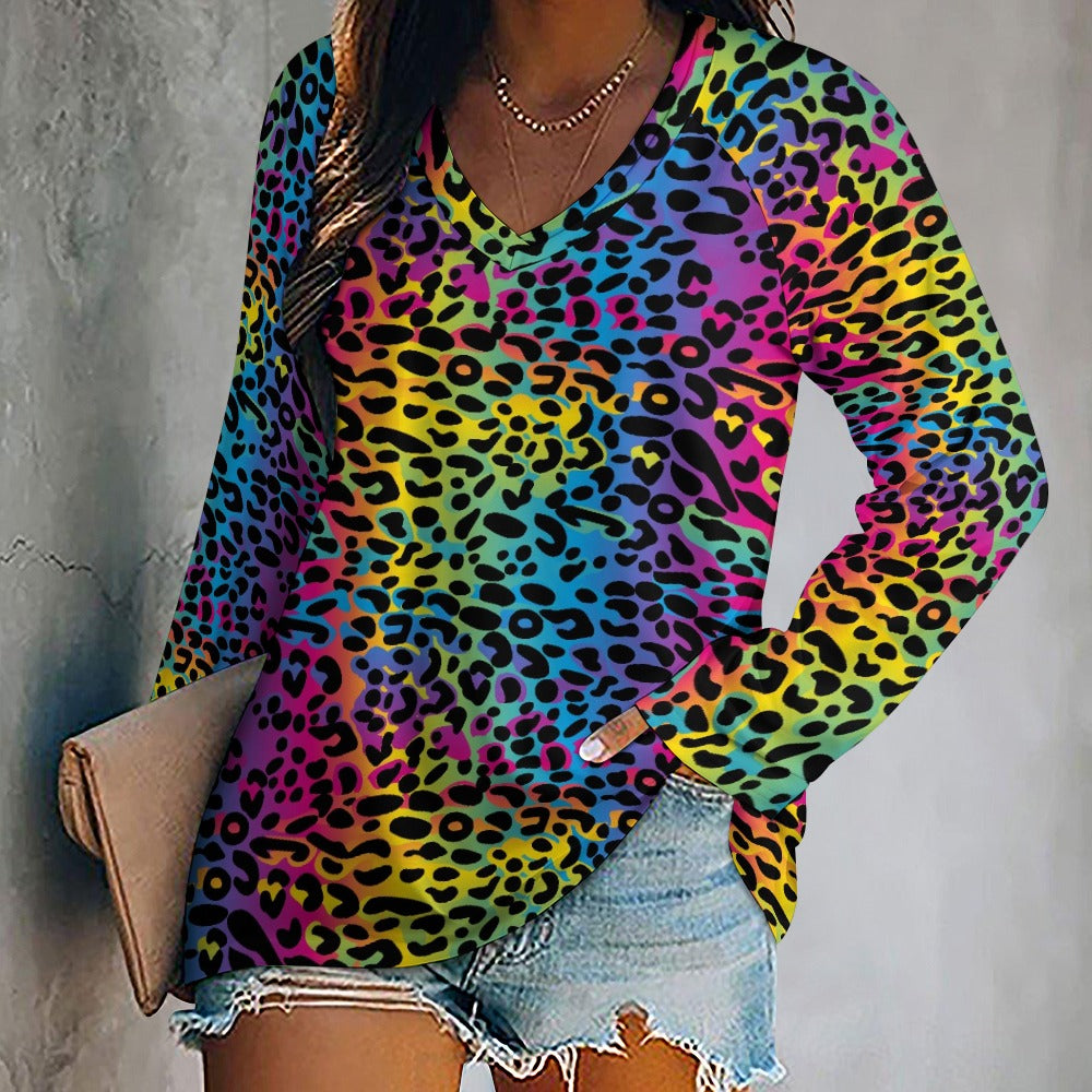 Rainbow Leopard Women Long Sleeve Tshirt loose fit, Animal Print Vibrant Relaxed V-neck Designer Aesthetic Ladies Female Tee Top Shirt - Starcove Fashion