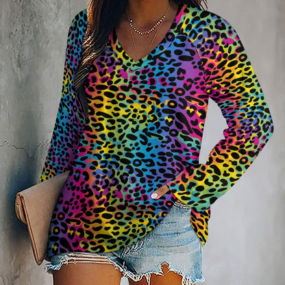 Rainbow Leopard Women Long Sleeve Tshirt loose fit, Animal Print Vibrant Relaxed V-neck Designer Aesthetic Ladies Female Tee Top Shirt - Starcove Fashion