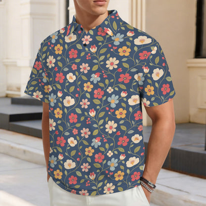 Floral Men Polo Shirt, Navy Blue Resort Flowers Botanical Guys Golf Casual Summer Buttoned Down Up Collared Short Sleeve Sports Tshirt Tee