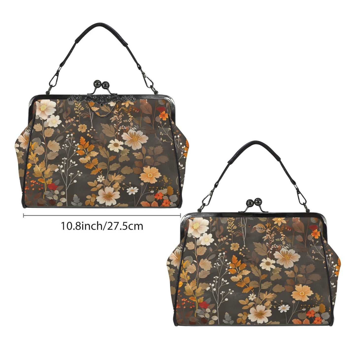 Floral Kiss Lock Purse Handbag, Flowers Brown Green Dark Print Vegan Leather Vintage Designer Shoulder Crossbody Top Handle Clasp Bag