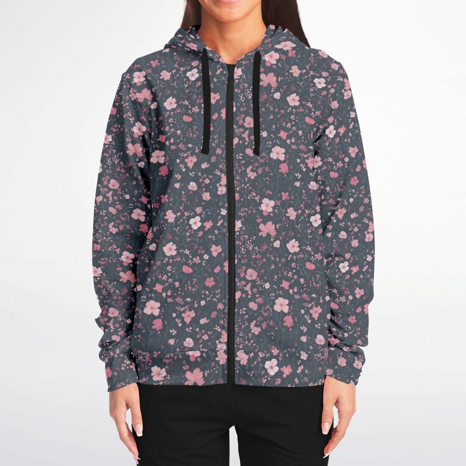 Floral Pink Zip Up Hoodie, Ditsy Flowers Full Zipper Pocket Men