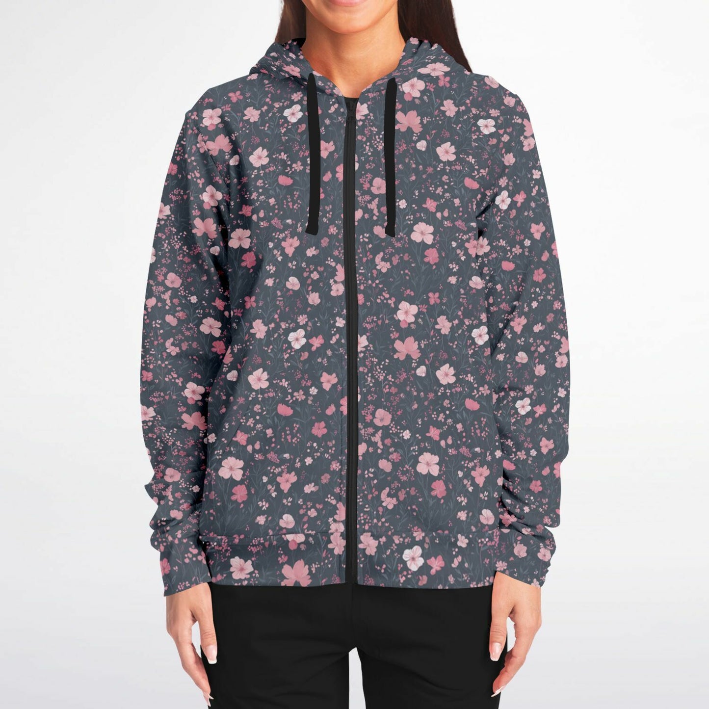 Floral Pink Zip Up Hoodie, Ditsy Flowers Full Zipper Pocket Men Women Unisex Adult Aesthetic Graphic Cotton Fleece Hooded Sweatshirt