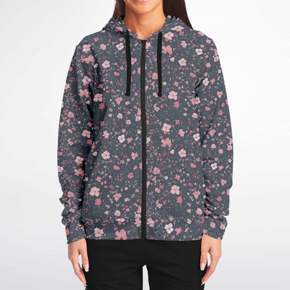 Floral Pink Zip Up Hoodie, Ditsy Flowers Full Zipper Pocket Men Women Unisex Adult Aesthetic Graphic Cotton Fleece Hooded Sweatshirt