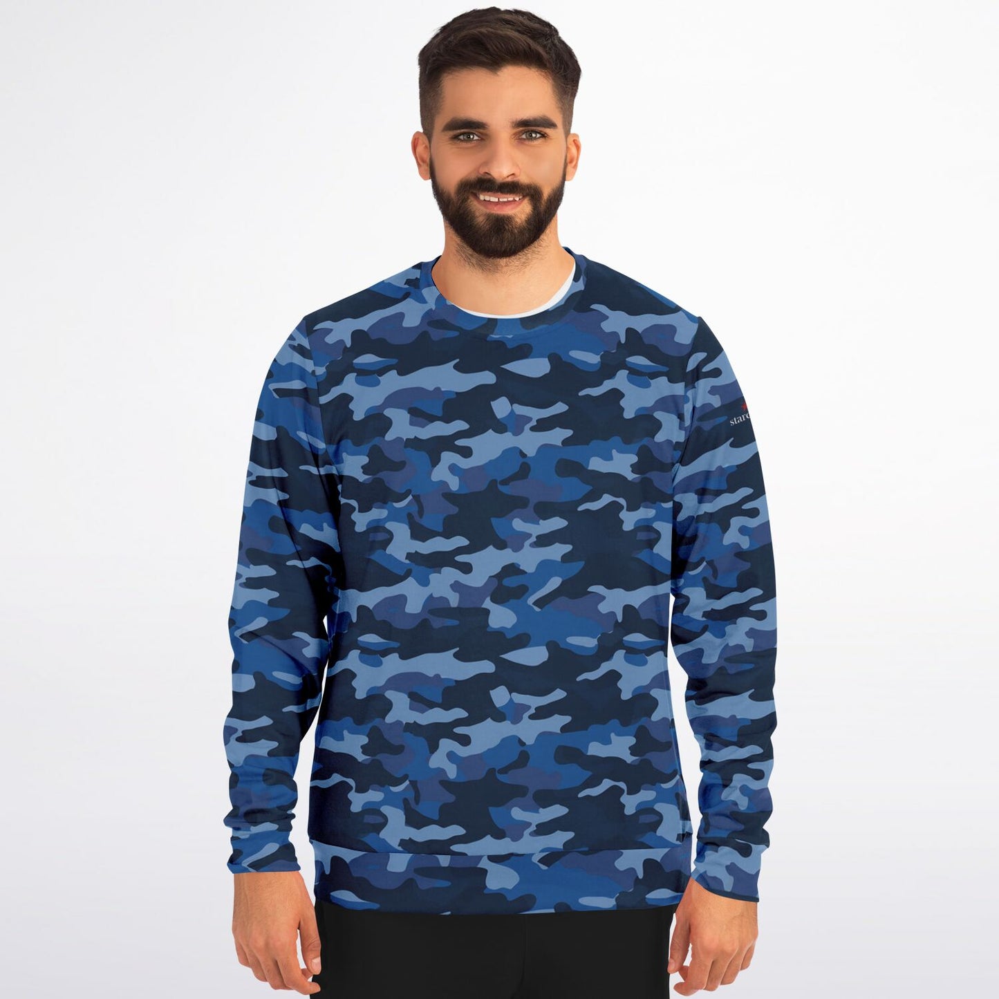 Blue Camo Sweatshirt, Camouflage Dark Navy Crewneck Fleece Cotton Sweater Jumper Pullover Men Women Adult Aesthetic Designer Top