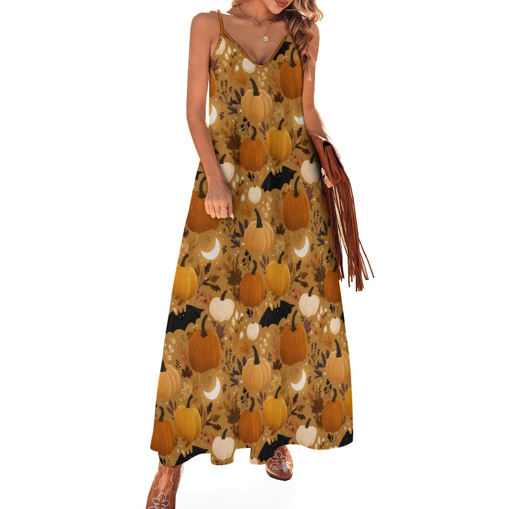 Pumpkins Half Moon Maxi Dress, Orange Witch Fall Halloween Bats Long Spaghetti Straps Flowy Women Sleeveless Designer Plus Size Cocktail