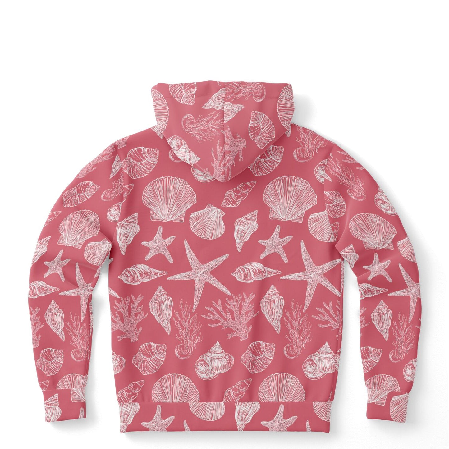Coral Pink Beach Hoodie, Ocean Sea Shells Star Pullover Men Women Adult Graphic Cotton Hooded Sweatshirt with Pockets Designer Plus Size
