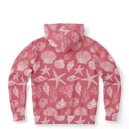 Coral Pink Beach Hoodie, Ocean Sea Shells Star Pullover Men Women Adult Graphic Cotton Hooded Sweatshirt with Pockets Designer Plus Size
