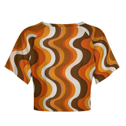Retro Wavy Stripes Crop Top Tshirt, Brown Orange 70s Belly Tee Women Ladies Adult Cute Aesthetic Graphic Crewneck Festival Y2K Cropped Shirt
